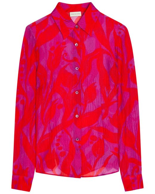 Dries Van Noten Red Cloudy Printed Silk Shirt