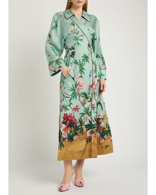 LaDoubleJ Green Midnight Printed Silk Midi Wrap Shirt Dress