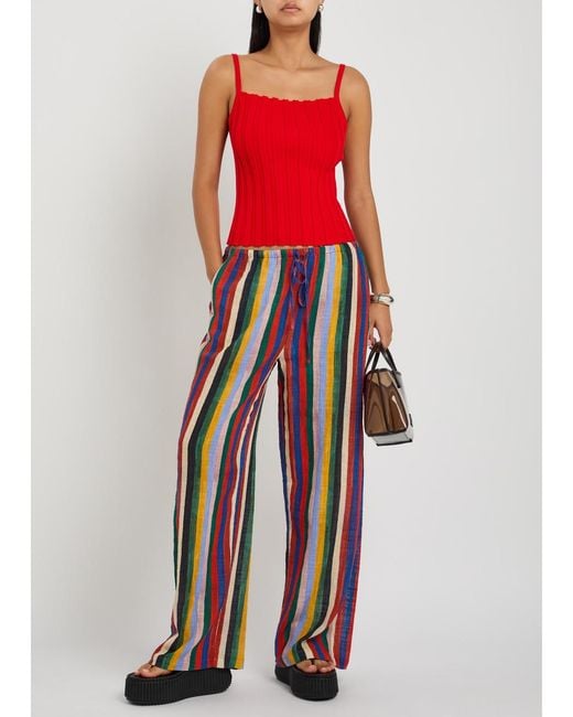 Staud Blue Mateo Striped Cotton Trousers