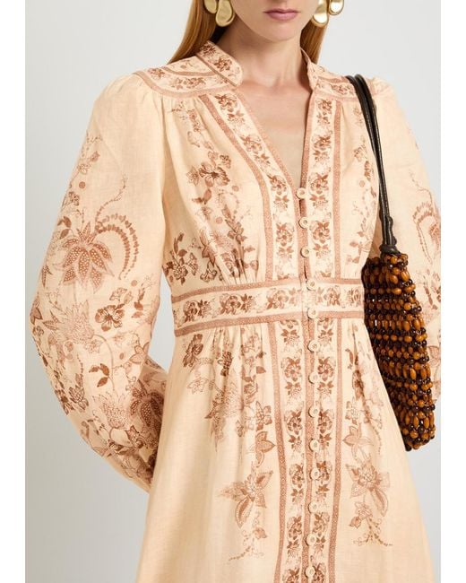 Zimmermann Natural Indra Printed Plunge Linen Midi Dress