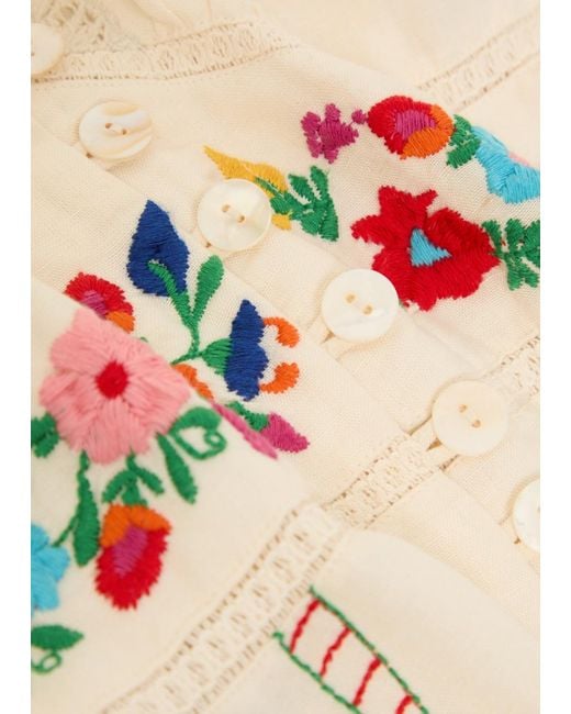 Rixo Natural Novara Floral-Embroidered Linen-Blend Midi Dress