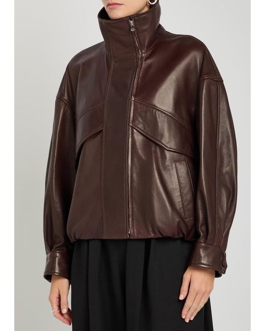 Nour Hammour Brown Roland Funnel-Neck Panelled Leather Jacket