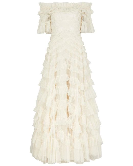 Needle & Thread Natural Lana Off-The-Shoulder Ruffled Tulle Gown