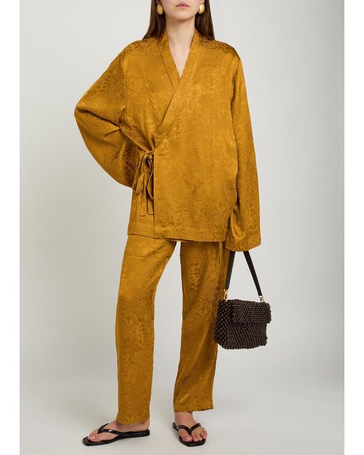 Delos Yellow Tao Textured Jacquard Satin Wrap Shirt