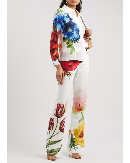 Alice + Olivia White Livi Floral-Print Bootcut Trousers