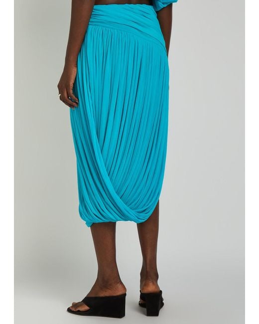 Ronny Kobo Blue Wes Asymmetric Ruched Tissue Jersey Midi Skirt
