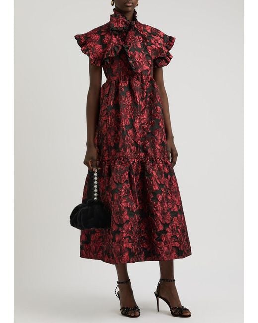 Sister Jane Red Fantasy Floral-Jacquard Satin Midi Dress