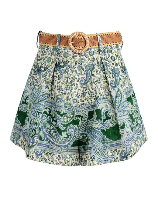 Zimmermann Green Ottie Printed Linen Shorts