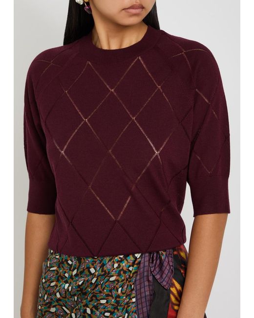 Dries Van Noten Red Tuan Diamond-Stitch Merino Wool Top