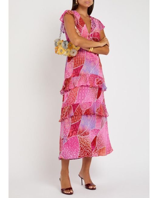 Rixo Pink Meena Patterned Silk-Chiffon Midi Dress