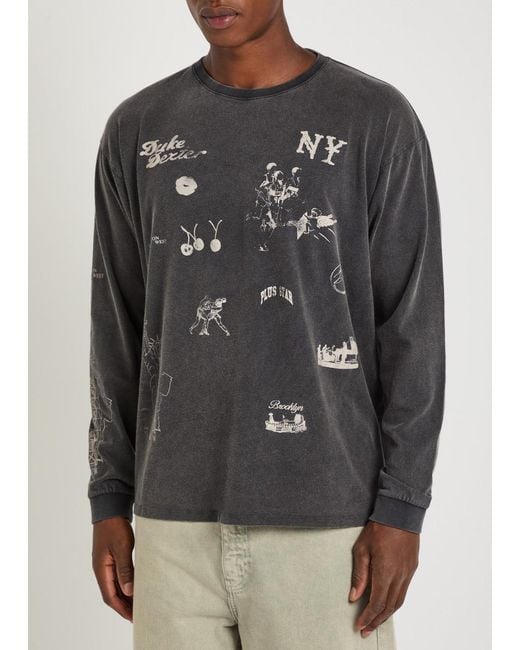 Duke & Dexter Gray Sketch Printed Long Sleeve Cotton T-Shirt for men