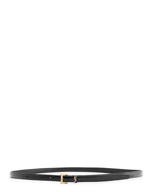 Saint Laurent White Cassandre Extra Thin Crocodile-Effect Leather Belt