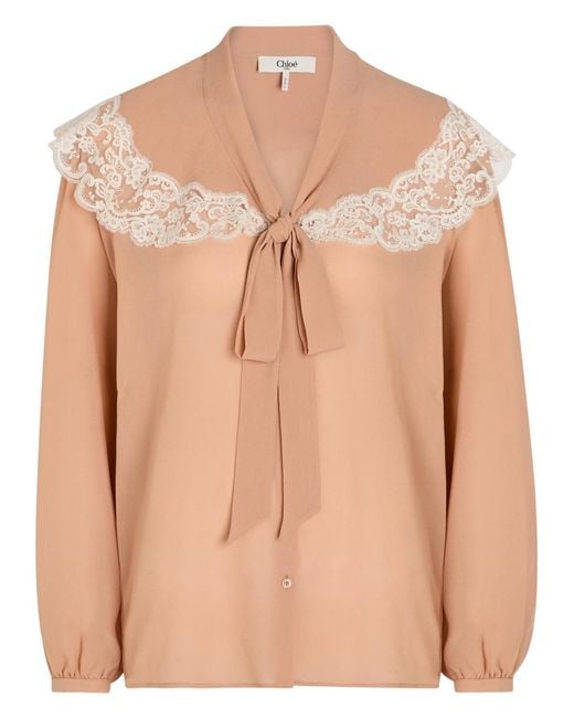 Chloé Natural Lace-Trim Silk-Georgette Blouse
