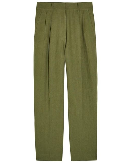 Blazé Milano Green Fox Pleated Straight-Leg Linen Trousers