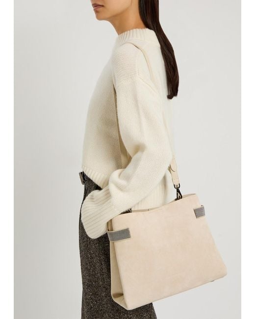 Brunello Cucinelli Natural Stud-Embellished Suede Top Handle Bag