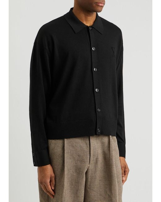 AMI Black Logo-Embroidered Wool Cardigan for men