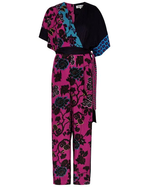 Diane von Furstenberg Blue Rinna Printed Crepe De Chine Jumpsuit