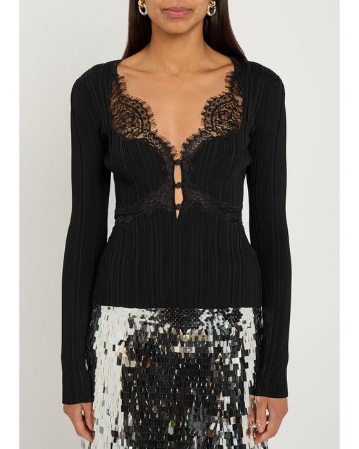 Self-Portrait Black Ribbed Lace-Trim Stretch-Knit Top