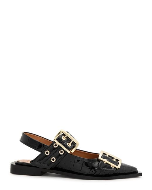 Ganni Black Buckle Ballerina Crocodile-Effect Slingback Flats Uk4