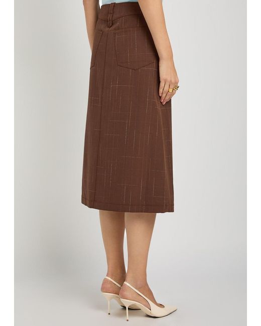 Tory Burch Brown Subtle-Check Wool-Blend Midi Skirt