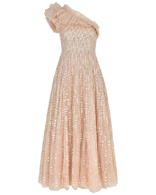 Needle & Thread Natural Raindrop Embellished One-shoulder Tulle Gown
