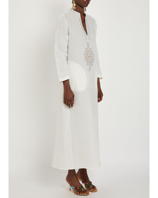 Emporio Sirenuse White Jenna Embroidered Linen-Blend Midi Kaftan Dress