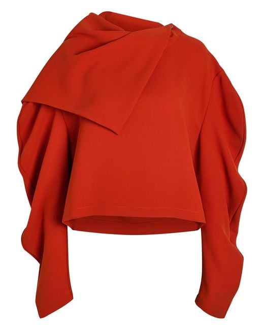 A.W.A.K.E. MODE Red Draped Panelled-Collar Crepe Top