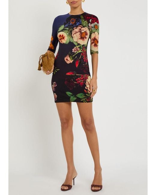 Alice + Olivia Black Delora Floral-Print Jersey Mini Dress