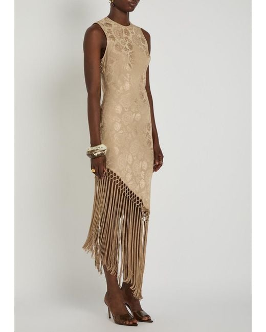 Ronny Kobo Natural Alexina Asymmetric Tassel Silk-Blend Midi Dress