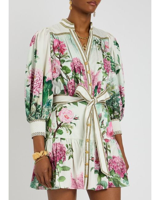 Alice + Olivia White Cora Floral-Print Stretch-Cotton Mini Dress