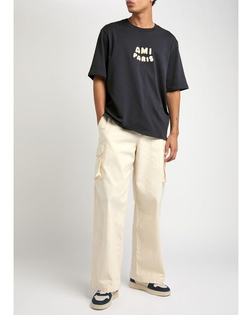 AMI Blue Logo-Appliqué Cotton T-Shirt for men