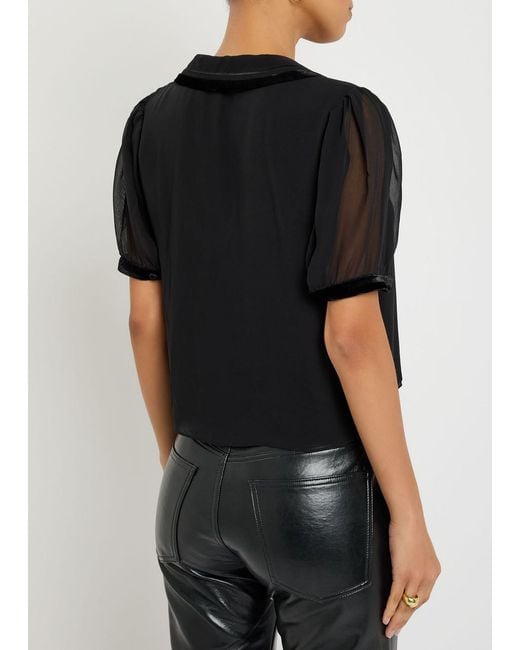 FRAME Black The Velvet Trim Silk-Chiffon Blouse