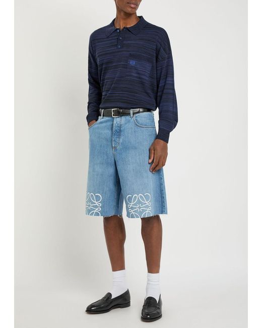 Loewe Blue Logo-Embroidered Striped Wool Polo for men