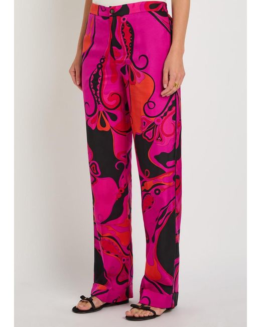 Emilio Pucci Pink Printed Straight-Leg Silk Trousers