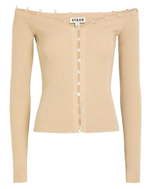 Staud Natural Keaton Off-The-Shoulder Wool And Cotton-Blend Top