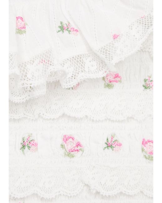 LoveShackFancy White Cordula Floral-Embroidered Smocked Cotton Top