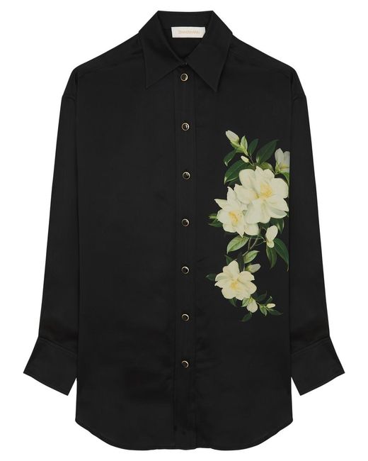 Zimmermann Black Harmony Floral-Print Silk-Satin Shirt