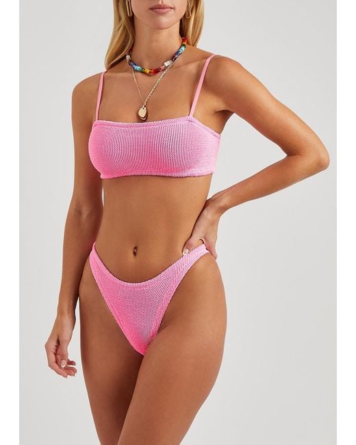 Hunza G Pink Gigi Seersucker Bikini, Square-Neck, Elasticated, Hand Wash, Seersucker Bikini
