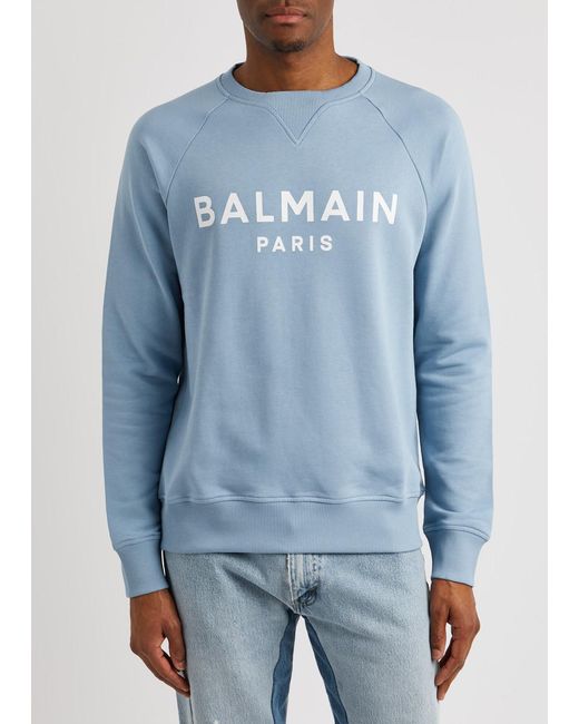 Balmain Blue Logo-print Cotton Sweatshirt for men