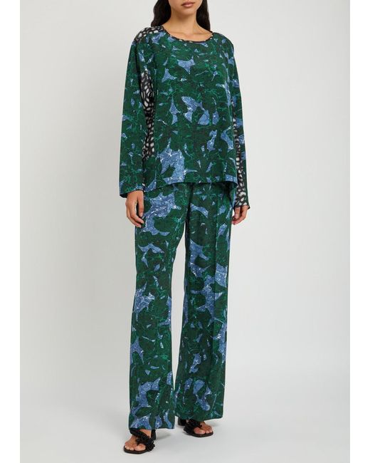 Dries Van Noten Green Puvis Printed Silk-Chiffon Trousers