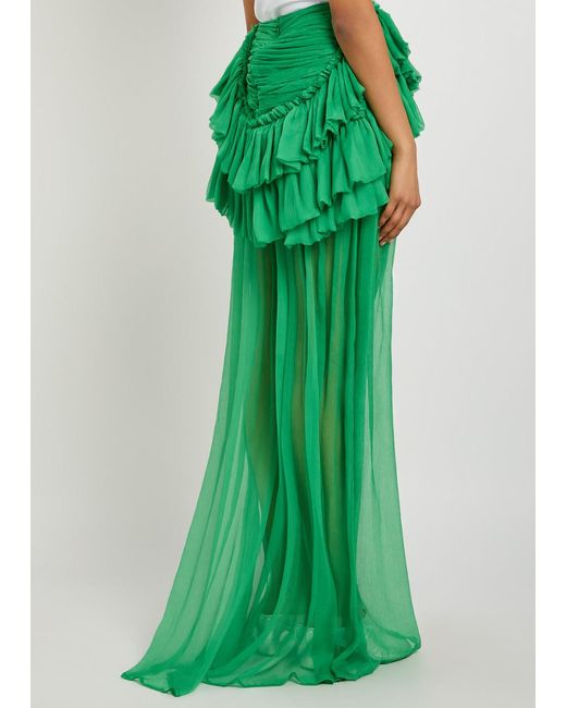 Dries Van Noten Green Shelby Frilled Silk Maxi Skirt