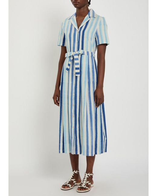Emporio Sirenuse Blue Claudia Striped Cotton-Blend Midi Shirt Dress