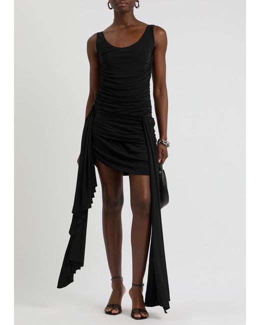 Mugler Black Draped Stretch-Jersey Mini Dress