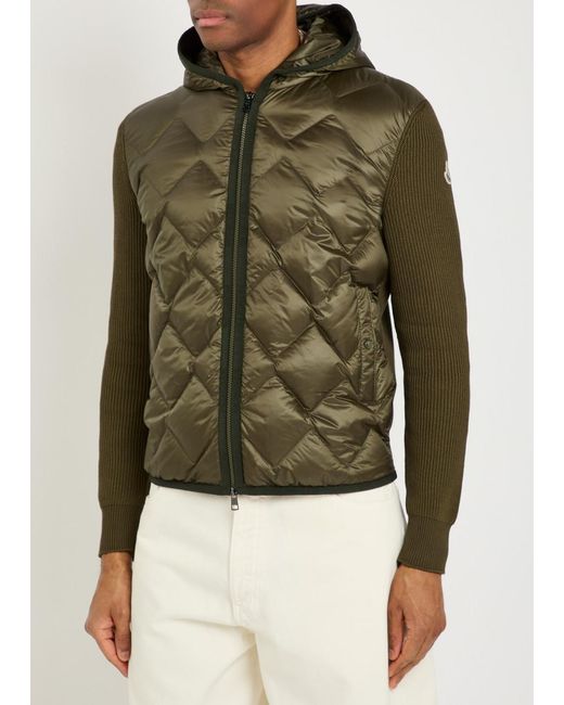 Moncler Green Hooded Quilted Shell And Cotton-Blend Cardigan for men
