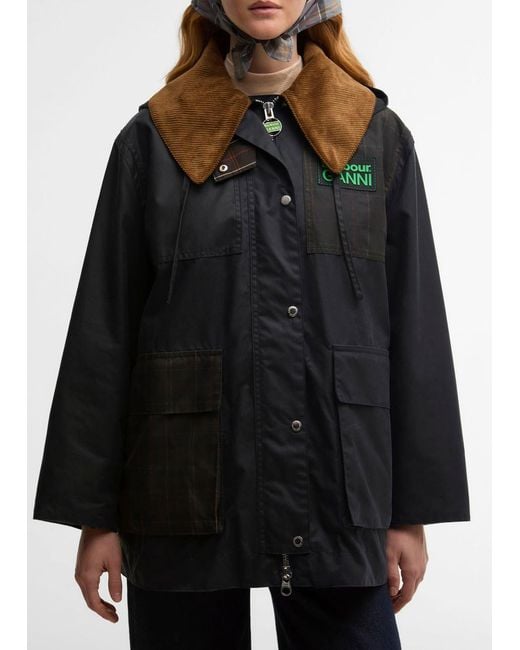BARBOUR X GANNI Black Hooded Waxed Cotton Jacket