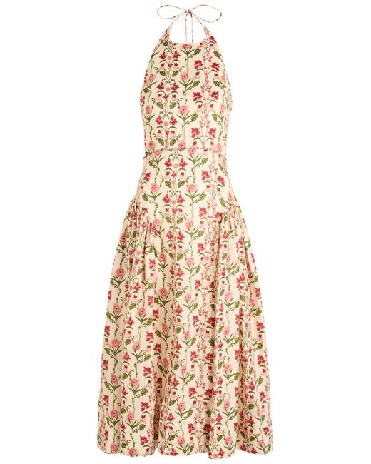 Agua Bendita Natural Balsa Canna Floral-Print Linen Midi Dress