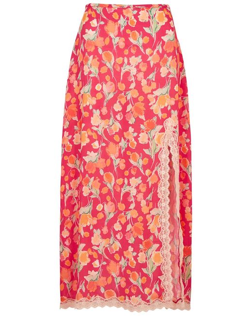 Rixo Red Sibilla Floral-print Lace-trimmed Midi Skirt