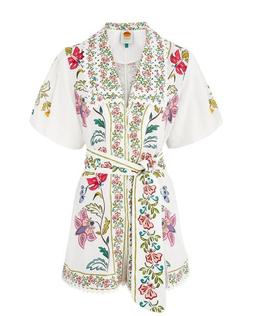 Farm Rio White Floral Insects Printed Linen-Blend Playsuit