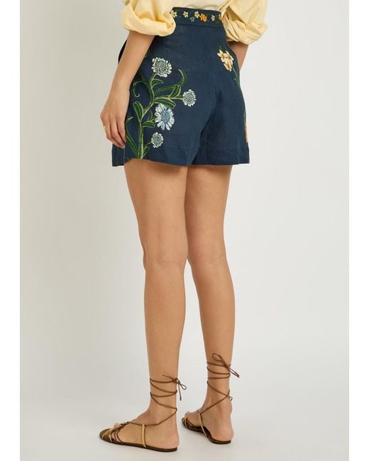 Agua Bendita Blue Maratea Floral Linen Shorts