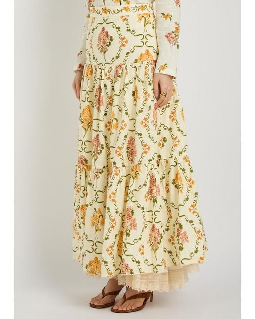 Agua Bendita Metallic Anis Floral-Print Linen Maxi Skirt